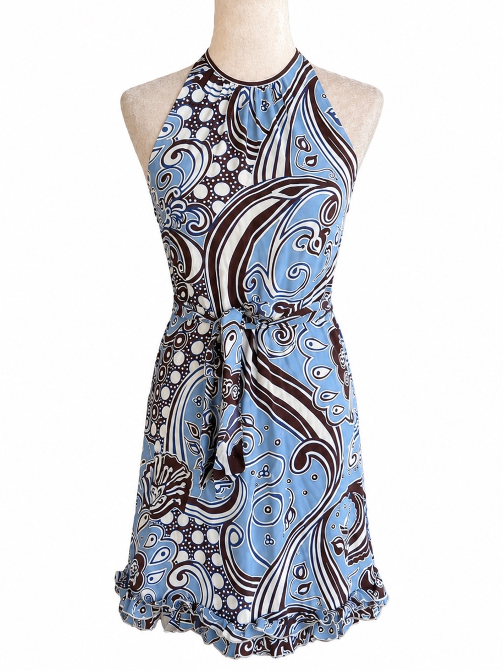 TORY BURCH Blue Paisley Tie-Waist Halter Dress Silk A-Line DresS Brown Blue Sz 6